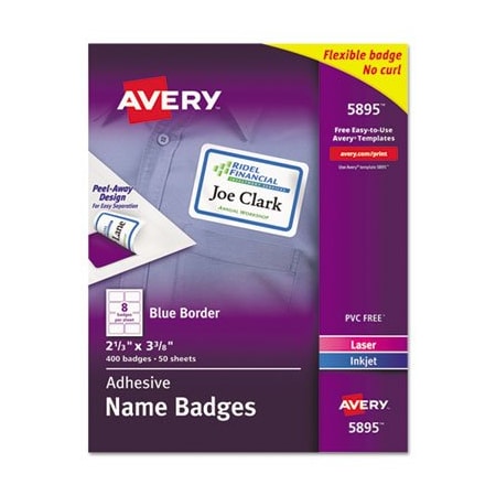 Avery Dennison Avery, FLEXIBLE ADHESIVE NAME BADGE LABELS, 3.38 X 2.33, WHITE/BLUE BORDER, 400PK 5895
